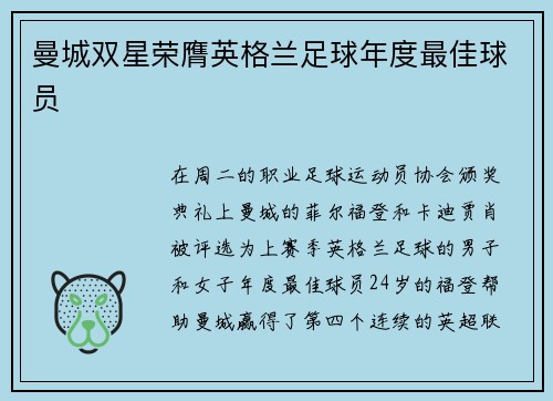 曼城双星荣膺英格兰足球年度最佳球员